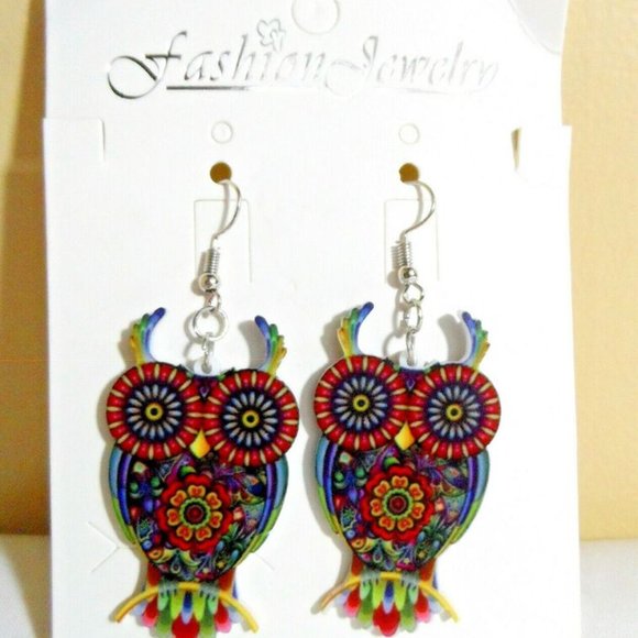 New Boho MOSAIC Elephant Owl Necklace Earrings Set Floral Modern Jewelry Chic! - Picture 6 of 9